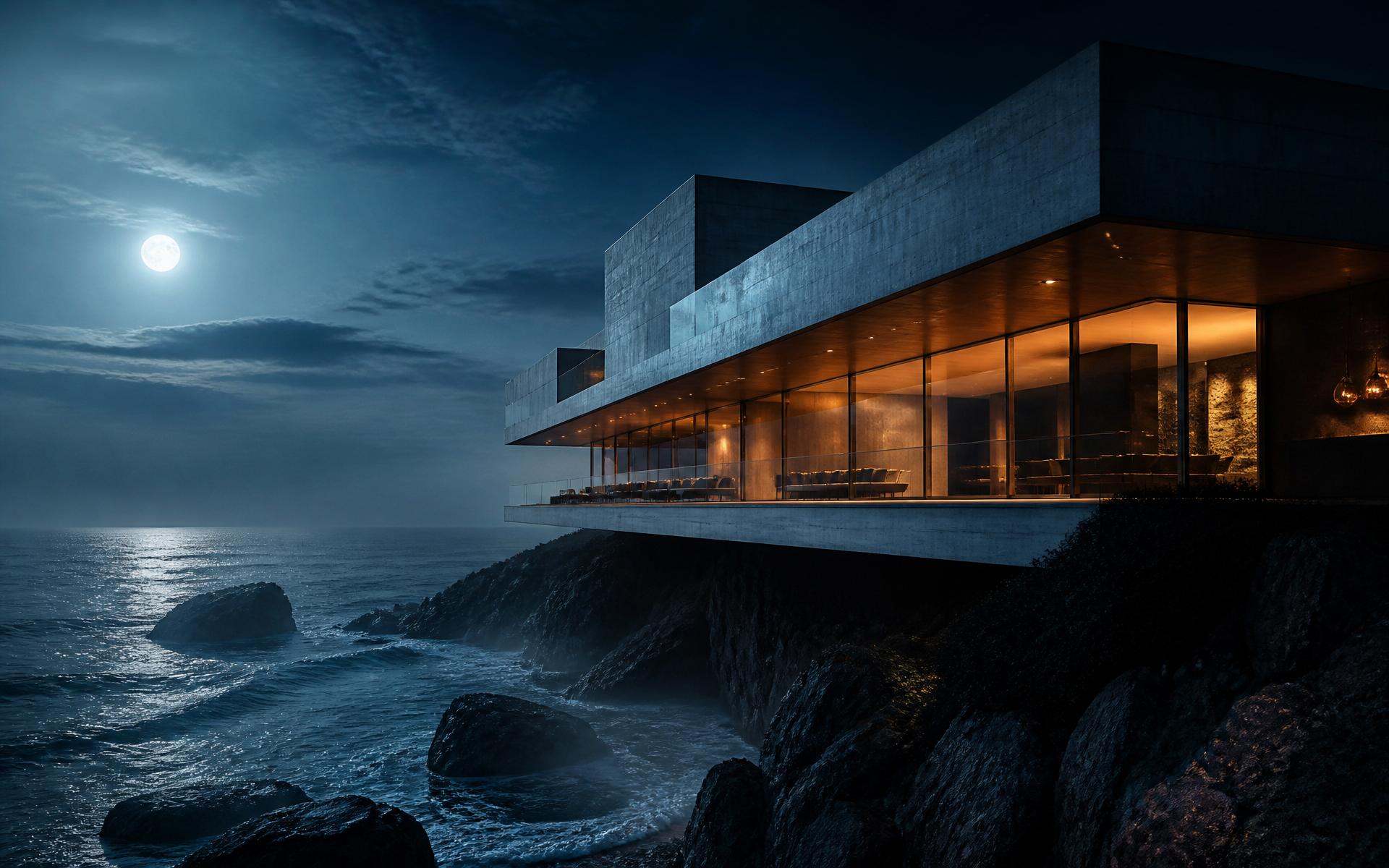 Cinematic AI-rendered coastal villa at moonlit twilight, by Sendinblue Atelier